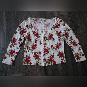 Forever 21 White Button-Front Cardigan with Red Rose Print